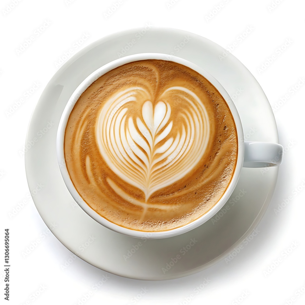 Top View Latte Art Coffee with Heart Shape Isolated on White Background Top View Latte Art Coffee with Heart Shape Isolated on White Background