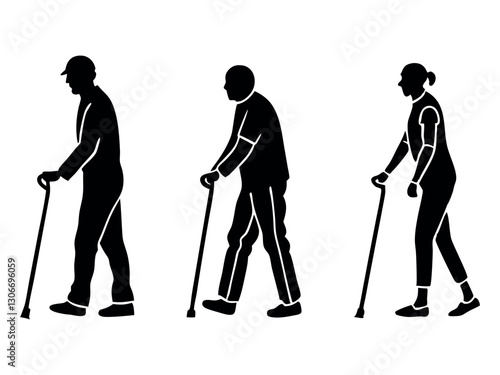 Elderly people using walking aid silhouette set collection. Senior pensioner people walking with walking aids vector silhouette