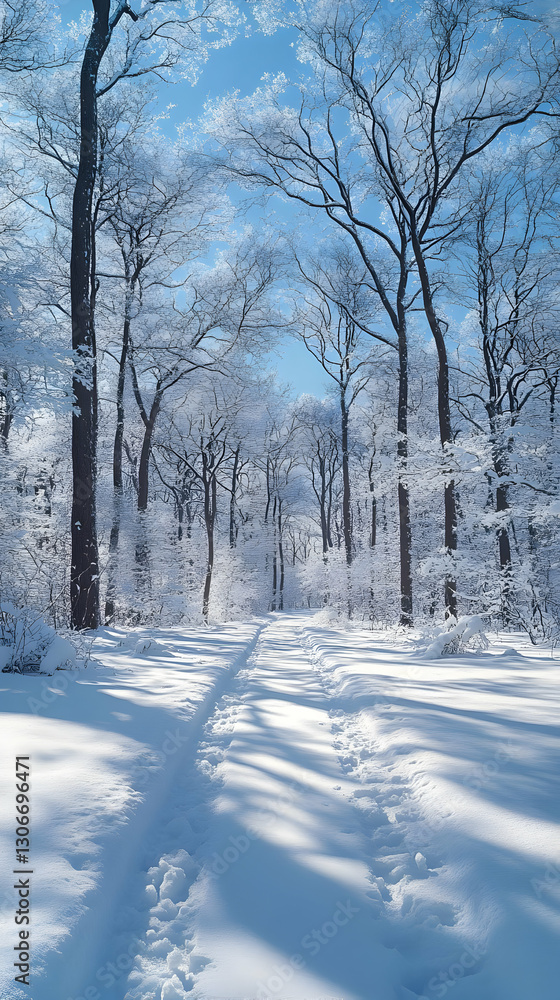 Snowy Winter Forest Path With Sunlight Snowy Winter Forest Path With Sunlight