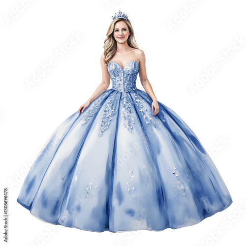 Smiling Blonde Woman Wears Light Blue Ballgown with Tiara