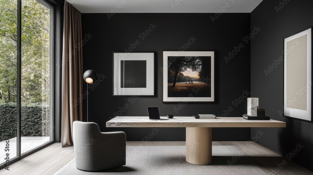 Modern home office, sleek desk, nature art, garden view, workspace Modern home office, sleek desk, nature art, garden view, workspace