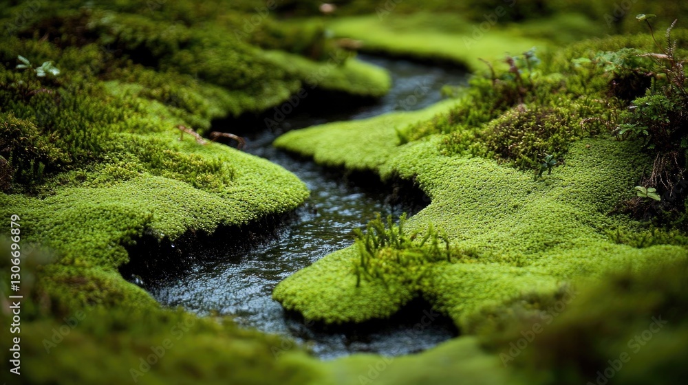 A winding stream flows through lush green moss and foliage A winding stream flows through lush green moss and foliage