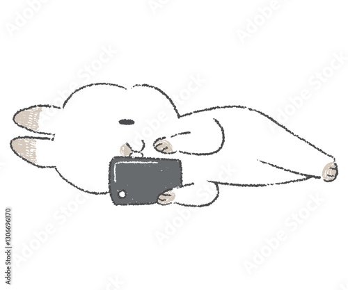 寝転がってスマートフォンを操作するうさぎのキャラクターの手書きイラスト