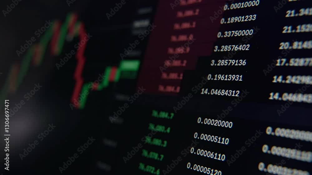 Close-up of a cryptocurrency trading screen with price fluctuations, order book, and green and red candlestick charts. Crypto and stock market graphs
