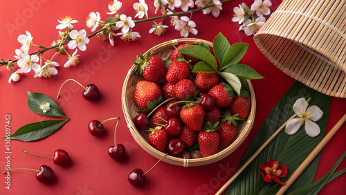 Japanese Harmony – Fresh Strawberries and Cherries in a Bamboo Basket with Sakura Blossoms on a Red Background for Elegant Seasonal Designs
