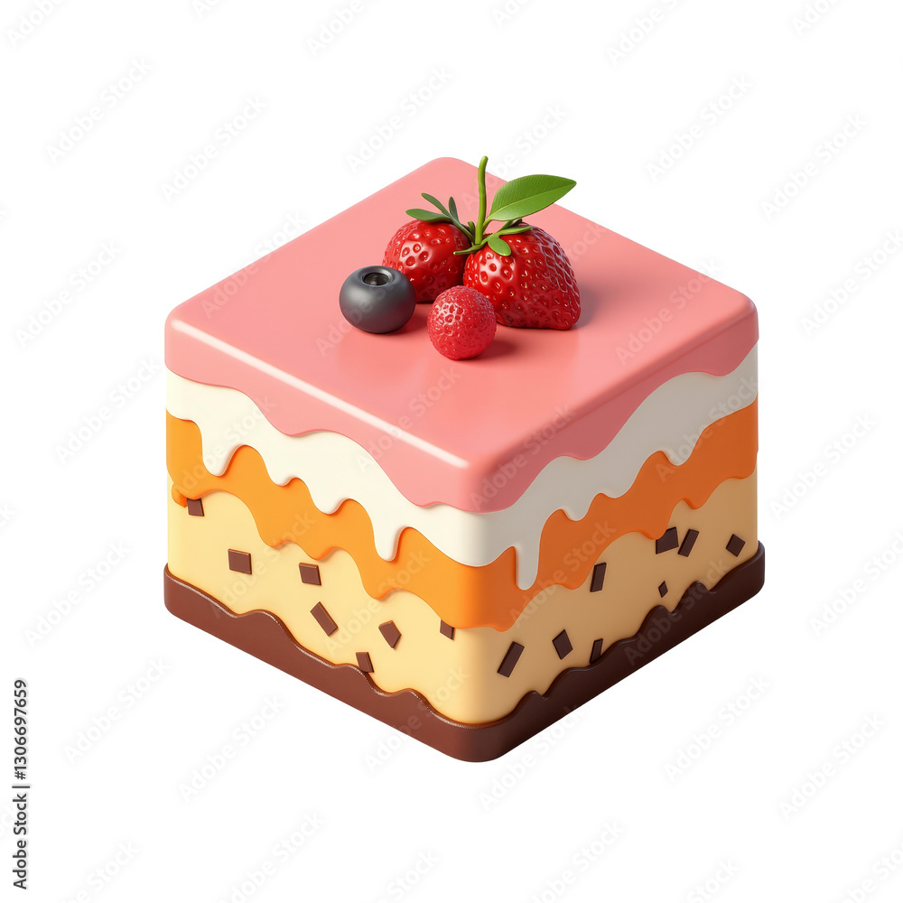 Square-Shaped Dessert with Colorful Layers and Fresh Berries Square-Shaped Dessert with Colorful Layers and Fresh Berries
