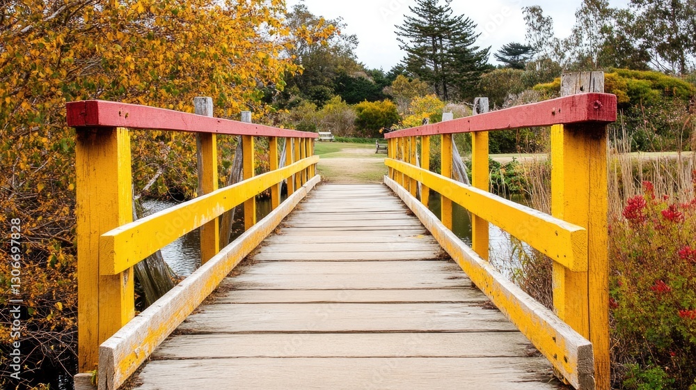 A colorful wooden bridge leads to a green grassy pathway A colorful wooden bridge leads to a green grassy pathway