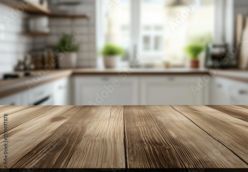 Empty wooden table in blurred bright kitchen