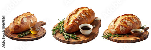 Crusty Bread with Honey and Rosemary on Wooden Board