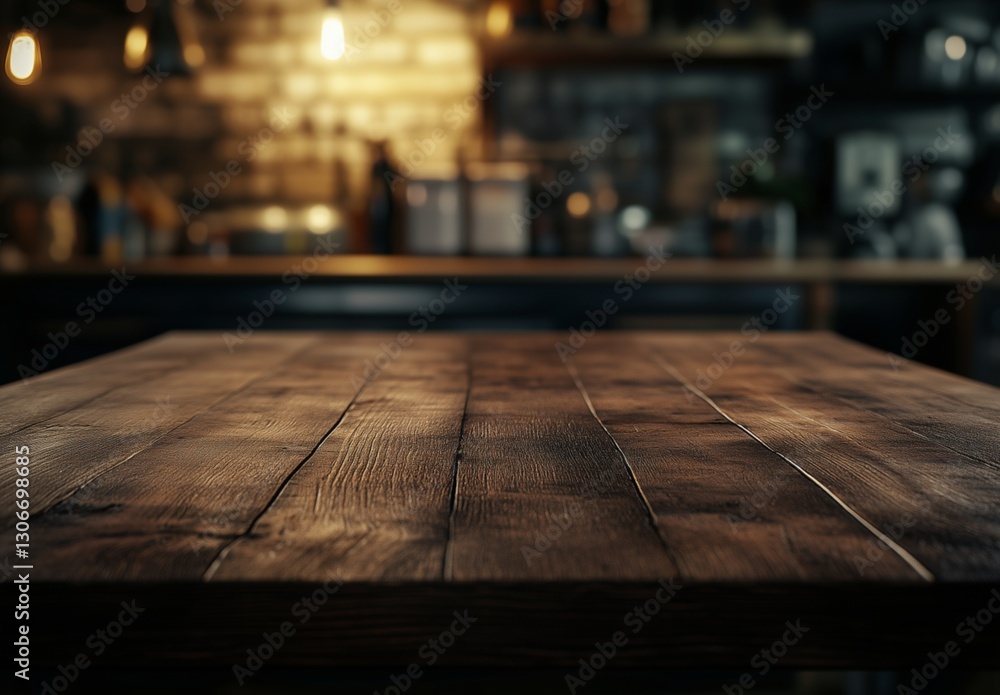 Rustic wooden table in blurred restaurant background Rustic wooden table in blurred restaurant background