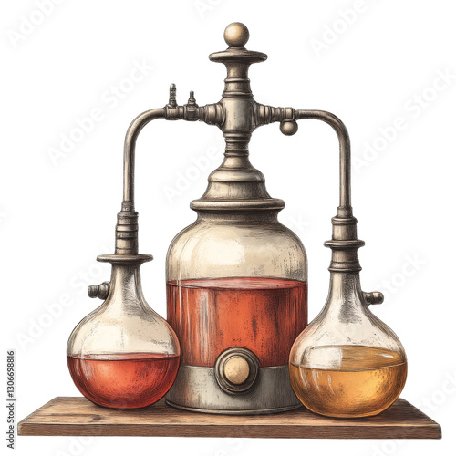 Steampunk Distillation Apparatus with Amber and Reddish-Orange Liquids