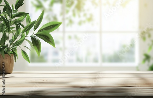 Wooden table top on blurred background of half curtained window.