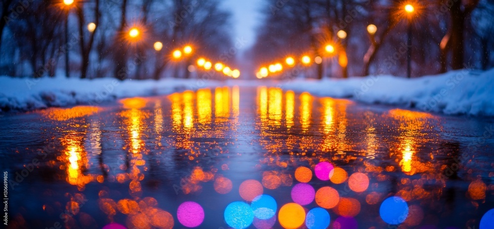 Snowy Night Street Lights Reflection Snowy Night Street Lights Reflection