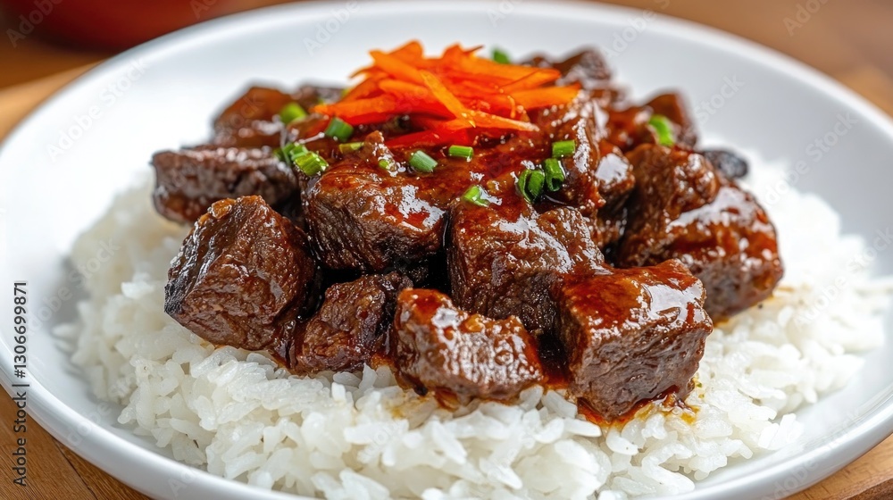 Delicious meal of braised beef and rice is served in a bowl Delicious meal of braised beef and rice is served in a bowl