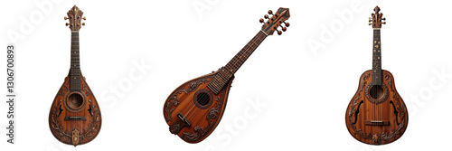 Antique Stringed Instruments Showcase: Mandolin, Pearlescent Instrument, and Acoustic Guitar