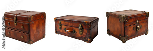 Brown Leather-Bound Chests Featuring Drawers and Clasps