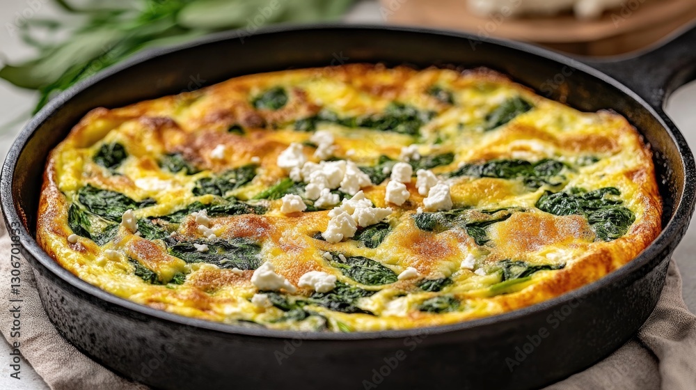 A delicious spinach and cheese omelet baked in a cast iron skillet A delicious spinach and cheese omelet baked in a cast iron skillet