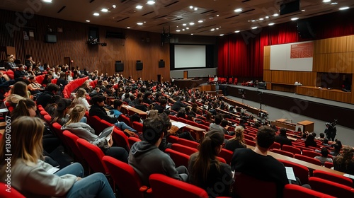 engaging science lecture in university auditorium with students and professor presenting research showcasing academic learning and education environment on scientists day