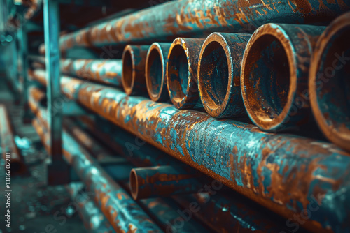 Rusty metal pipes stacked in an industrial setting, showcasing wear and aging.