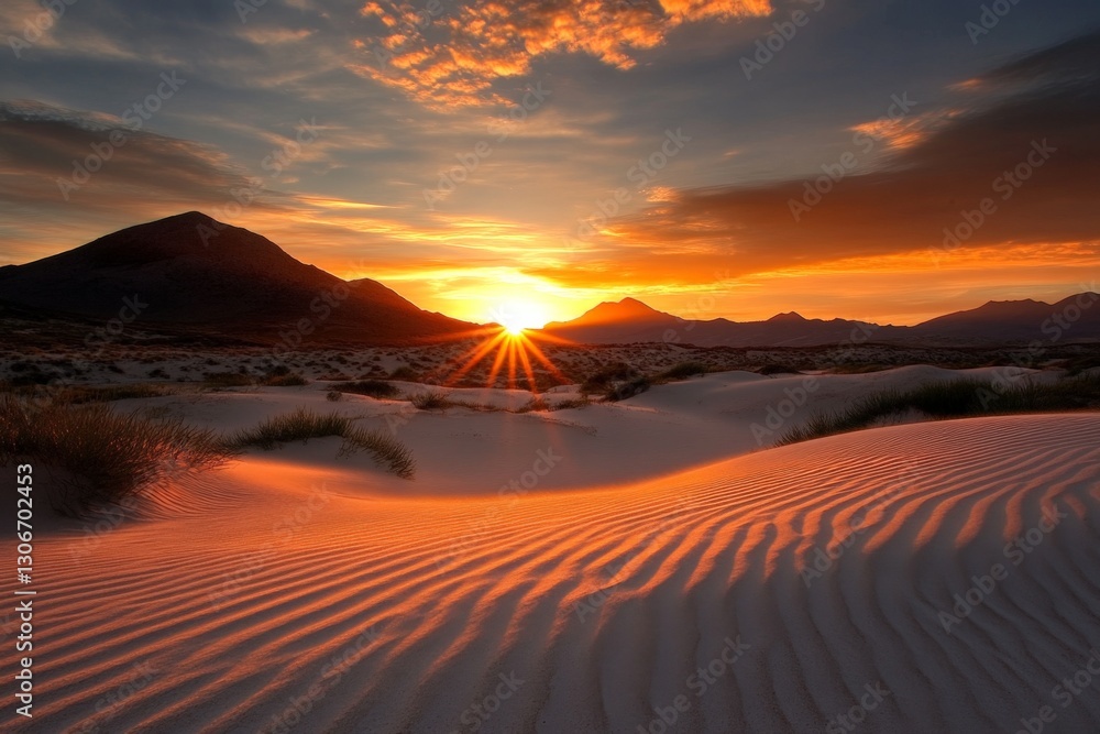 Illuminated sand dunes showcase unique textures and shapes, radiating warmth and peace during the golden hour just before sunset, inviting admiration and contemplation.