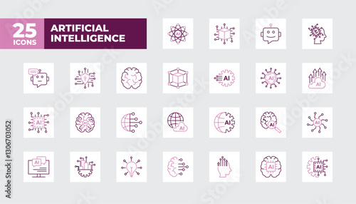 Set of 25 Artificial Intelligence icons vector EPS in purple color