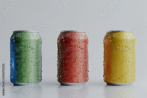 Three colorful beverage cans with condensation on a light background.