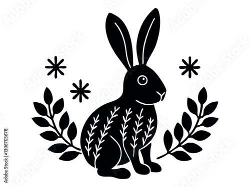 Easter rabbits isolated vector illustration set in linocut style. Hand drawn set with animals in linocut style. Isolated on a white background. 