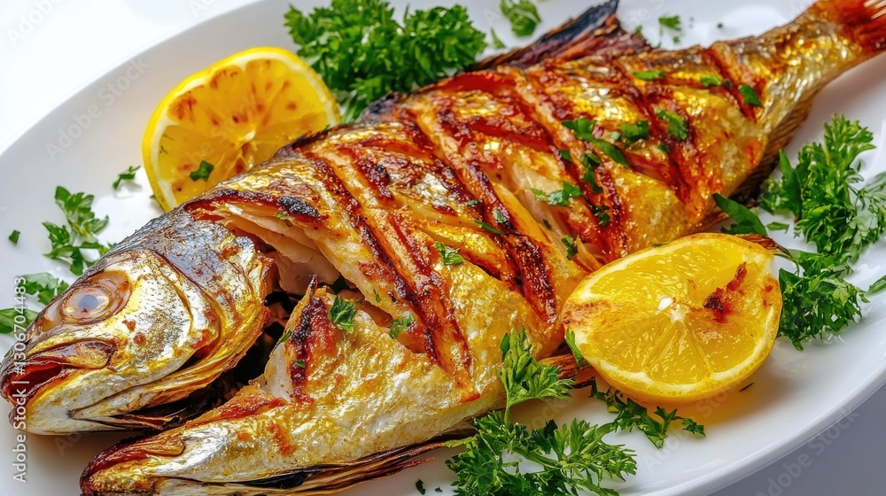 A delicious golden grilled fish served with lemon and fresh herbs A delicious golden grilled fish served with lemon and fresh herbs