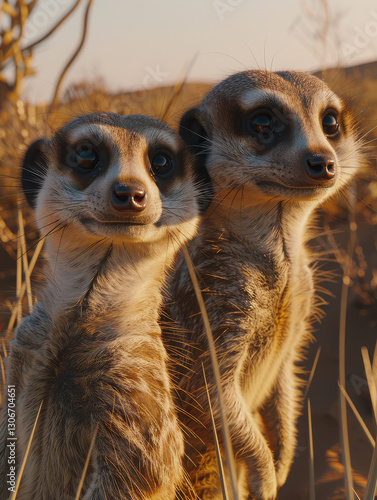 Two meerkats standing in a grassy landscape during sunset.