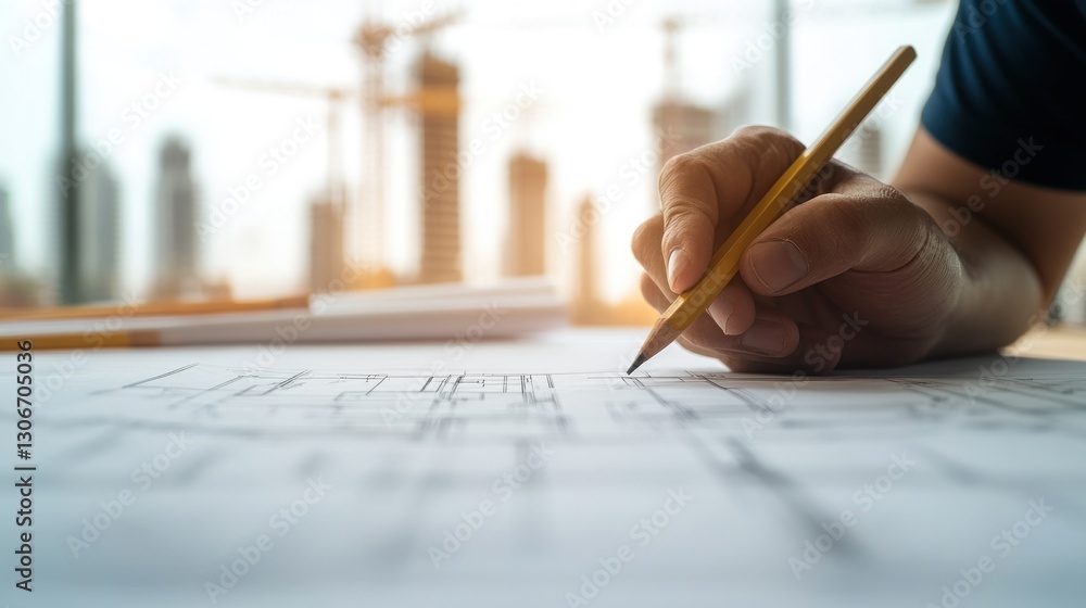 Foreground of foreman holding a pencil over a blueprint, blurred high-rise cranes silhouetted in the background Foreground of foreman holding a pencil over a blueprint, blurred high-rise cranes silhouetted in the background