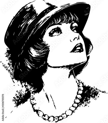 Stylized vector illustration of a glamorous woman in a hat, showcasing vintage fashion details for artistic and design projects.