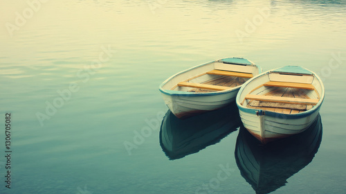 Two wooden boats peacefully floating on calm water, reflecting their surroundings.