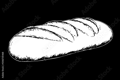 Hand-drawn vector illustration of a loaf of bread on a black background, perfect for food-related designs.