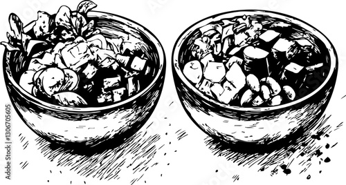 Hand-drawn vector image of two bowls filled with fresh vegetables and salads, ideal for recipe books or healthy eating campaigns.