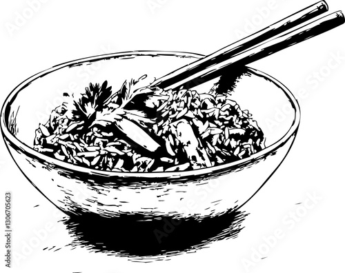 Outline vector of a rice bowl with chopsticks, showcasing a minimalist design for culinary or dining themes.