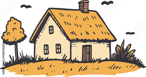 Vector art of a quaint cottage with a thatched roof, surrounded by grass and trees, perfect for home or nature-themed projects.