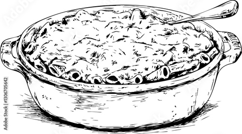 Hand-drawn vector illustration of a pasta casserole in a dish, perfect for food-related designs and recipes.