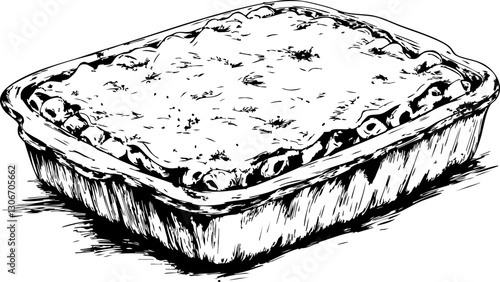 Hand-drawn vector illustration of a lasagna dish, capturing texture and details for food-related projects.