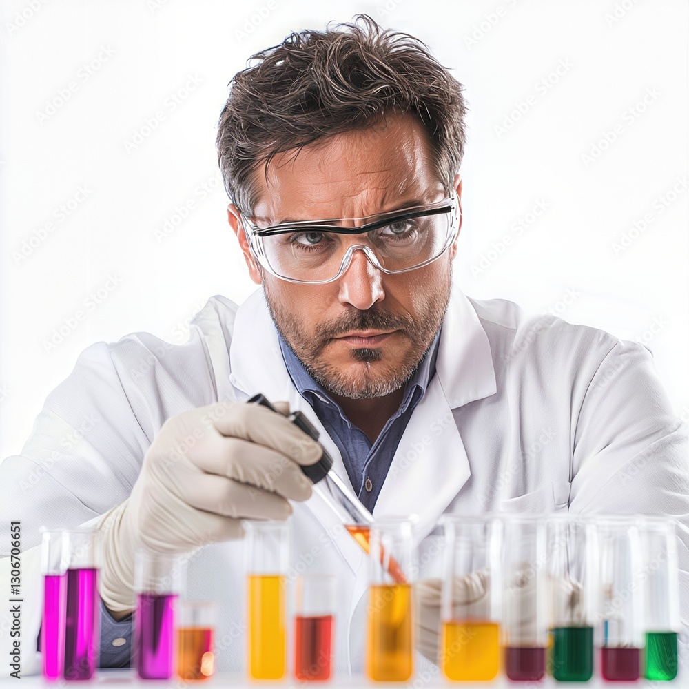 Scientific Precision: A focused scientist in a lab coat, meticulously examining colorful liquids in beakers. Scientific Precision: A focused scientist in a lab coat, meticulously examining colorful liquids in beakers.