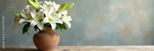 Delicate white roses, lilies in rustic clay vase , spring, elegant, background