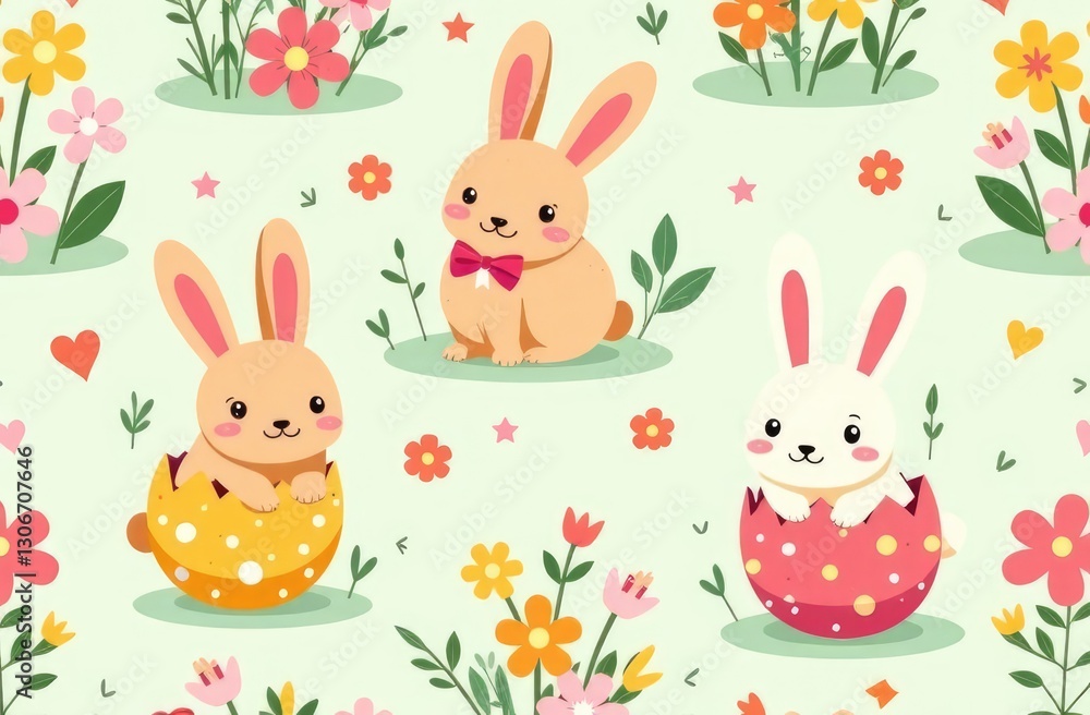 Seamless pattern with cute bunnies in Easter eggs and flowers. Perfect for spring and Easter designs. The pattern is in vector format, so it can be scaled to any size without losing quality. Seamless pattern with cute bunnies in Easter eggs and flowers. Perfect for spring and Easter designs. The pattern is in vector format, so it can be scaled to any size without losing quality.