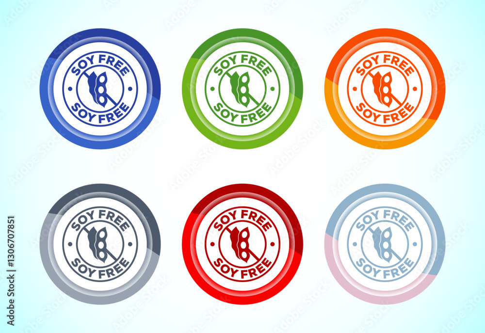 Obraz premium Soy or soya free icon design illustration. Soy allergen free product food sign, 6 color button design set