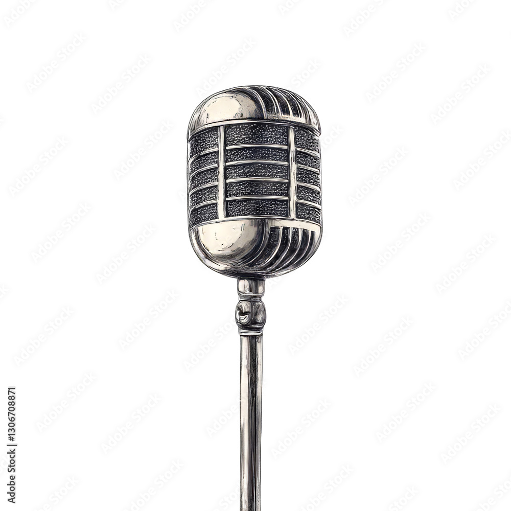 Fototapeta premium Vintage Silver Microphone Sketch Mounted on Slender Stand