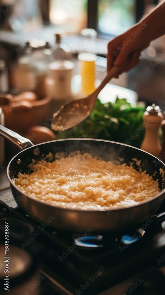 Enthusiastic person cooking delicious food on a stove surrounded by fresh ingredients Enthusiastic person cooking delicious food on a stove surrounded by fresh ingredients