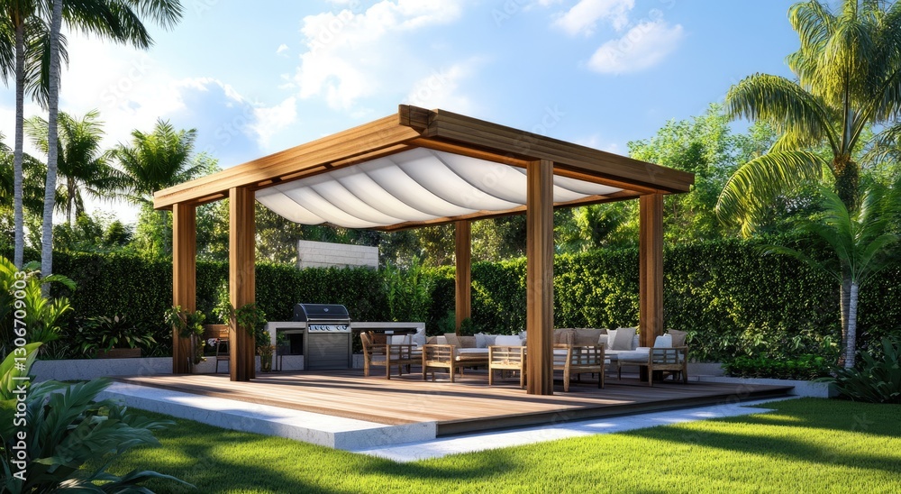 A realistic rendering of an outdoor wooden pergola with a white fabric cover, surrounded by lush green grass and plants A realistic rendering of an outdoor wooden pergola with a white fabric cover, surrounded by lush green grass and plants