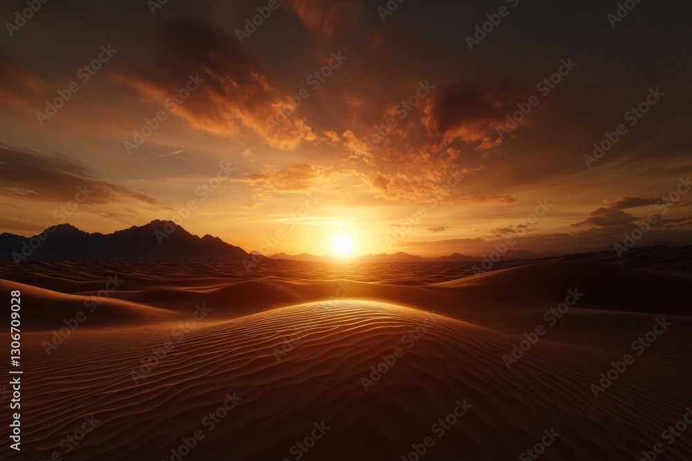 A breathtaking view of the sun setting in a vast desert landscape, highlighting rolling sand dunes and dramatic clouds illuminated by warm golden light at dusk. A breathtaking view of the sun setting in a vast desert landscape, highlighting rolling sand dunes and dramatic clouds illuminated by warm golden light at dusk.