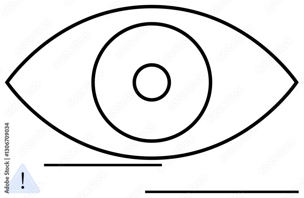 Eye with concentric circles, exclamation mark icon, and horizontal lines representing vision, focus, awareness, insight, safety, observation and caution. Ideal for perception or security concepts in Eye with concentric circles, exclamation mark icon, and horizontal lines representing vision, focus, awareness, insight, safety, observation and caution. Ideal for perception or security concepts in