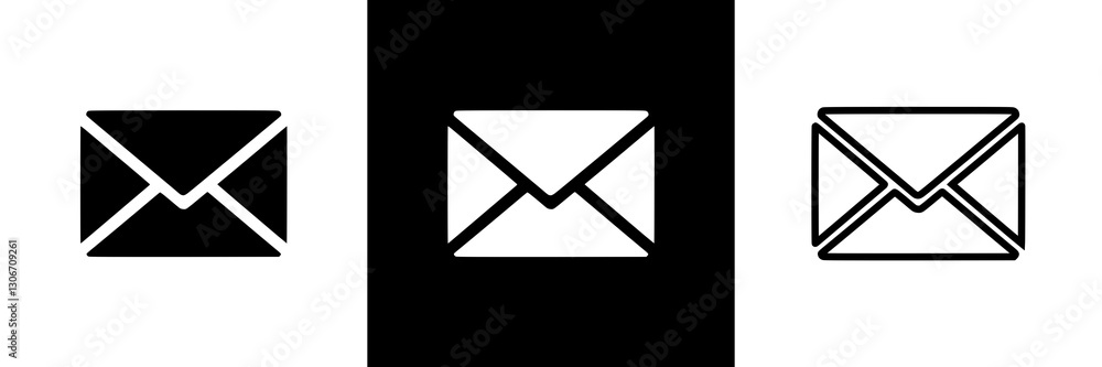 Email envelope icons in three styles, communication symbols, messaging concept Email envelope icons in three styles, communication symbols, messaging concept