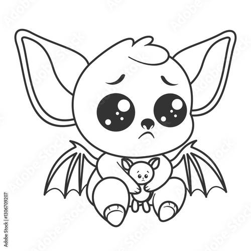 Bat feels sad while hugging doll, for coloring