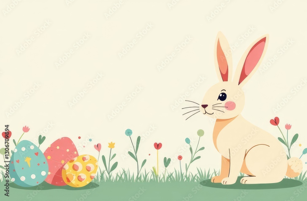 Fototapeta premium Banner with Easter. Fashionable Easter design with typographic, hand -drawn with strokes and dots, eggs, rabbit ears, pastel colors. Modern minimalistic style. Horizontal poster, congratulatory postca